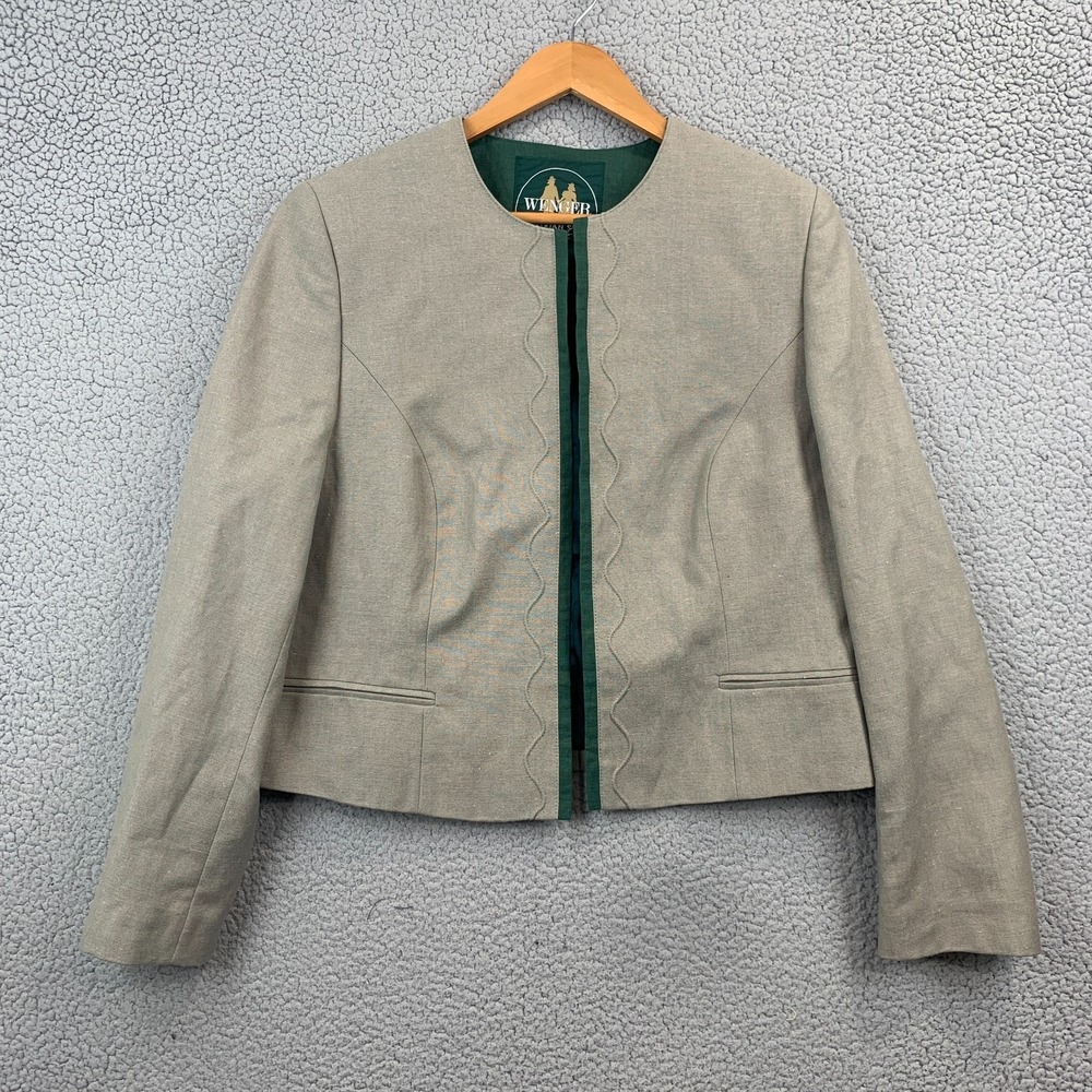 VTG Wenger Womens Austrian Jacket Beige Linen Wool Crop Blazer Folk Size 46 (XL)